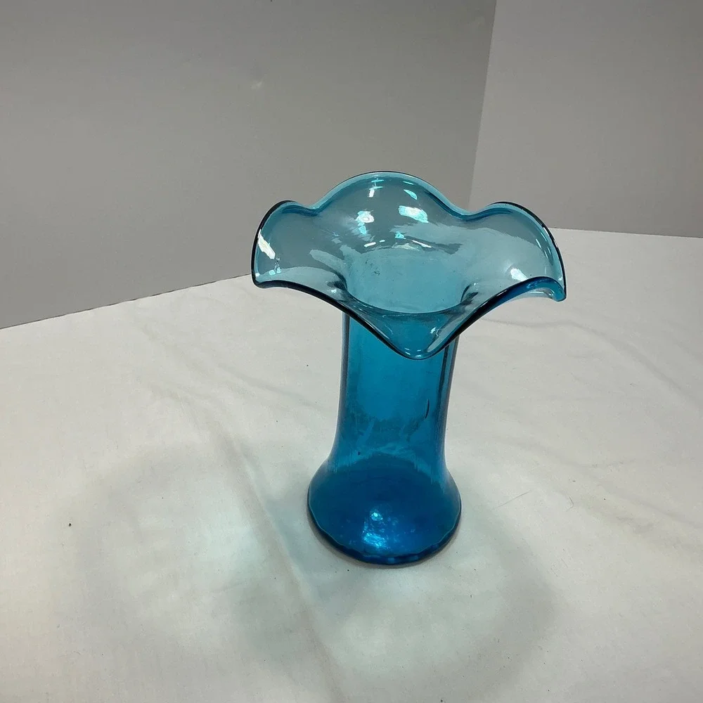 Blue Glass Vase Ruffled Rim Decor Bud Vase Flower Vase‎ Home Decor